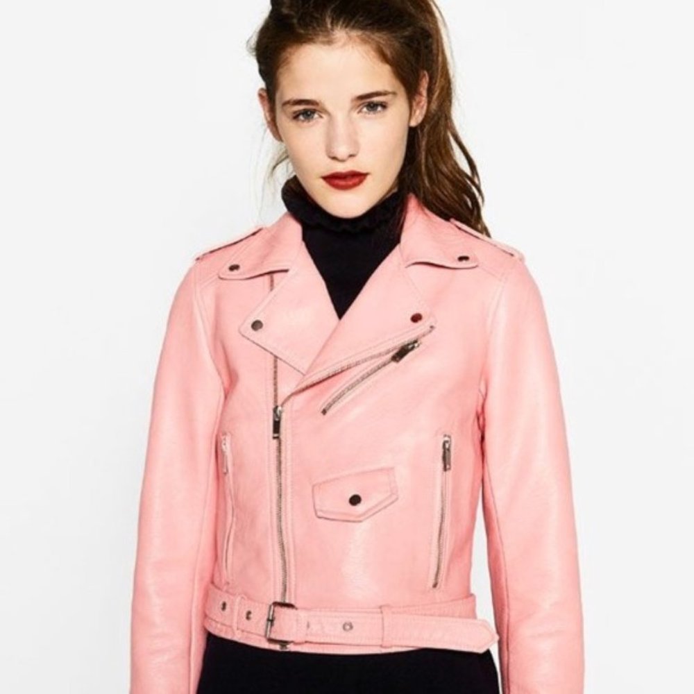 Bubblegum Pink Faux Leather Biker Jacket w/ Silver